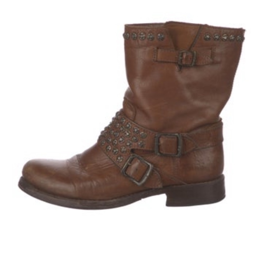 Frye Leather Mid-Calf Moto Boots
•   Brown
•   Round-Toes with Studded Accents